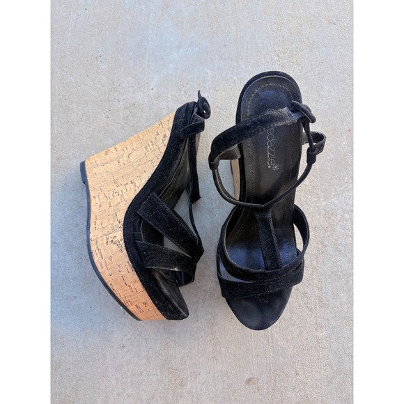 ShoeDazzle Shoes - Y2K ShoeDazzle Black Faux Suede Cork Platform Wedge Sandals Ankle Strap Heel